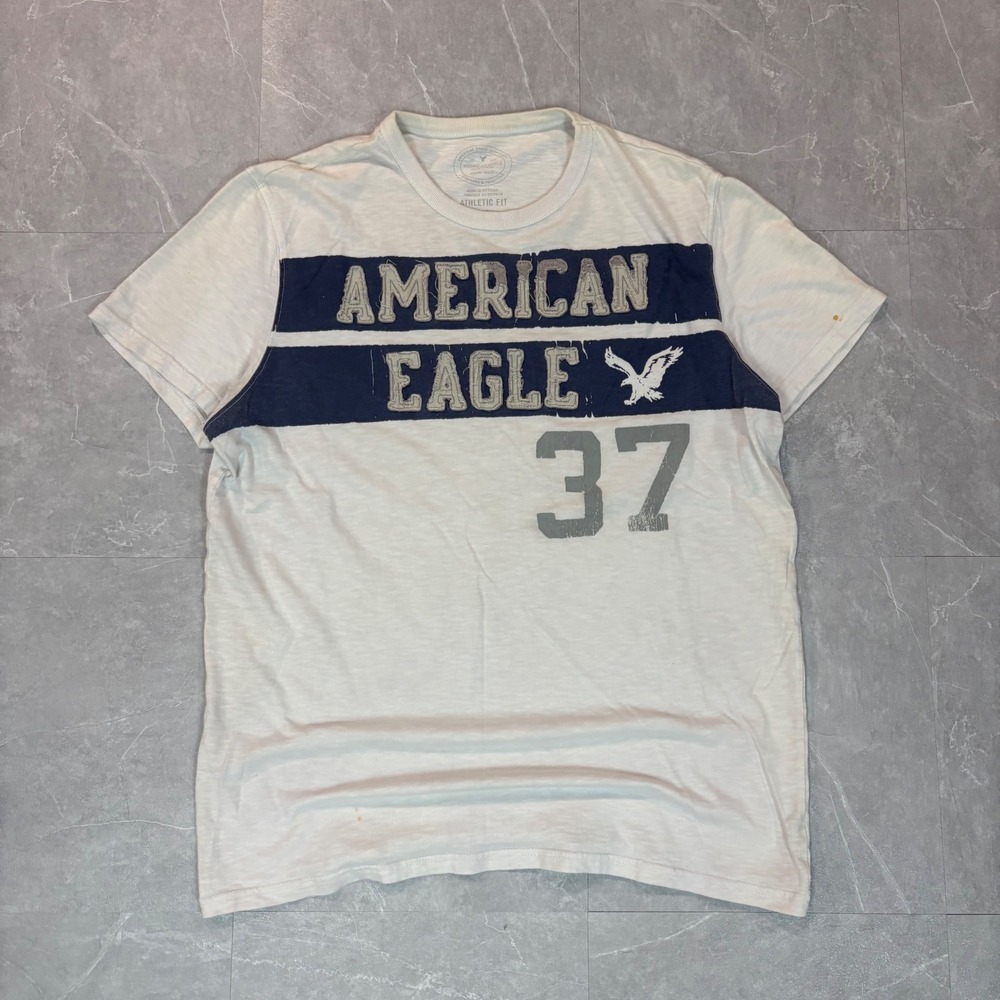 American Eagle Mens Athletic Fit‎ T-Shirt White Navy Blue Graphic Tee Large 2475